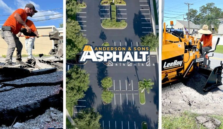 3 part image including asphalt broken down, new asphalt parking lot and large asphalt laying machine putting new asphalt down