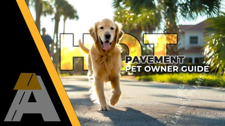 Golden retriever dog on asphalt pavement