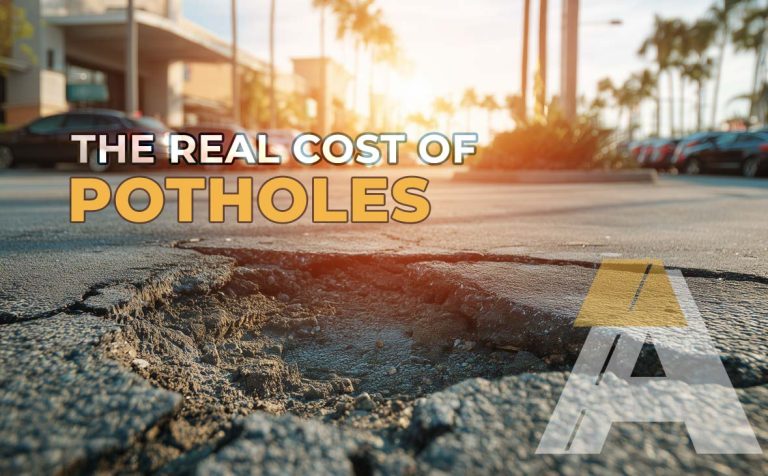 Ultra-realistic photo of a commercial parking lot in Florida showing a moderate pothole in the foreground with palm trees and a shopping center in the background, used to illustrate asphalt damage and repair needs.