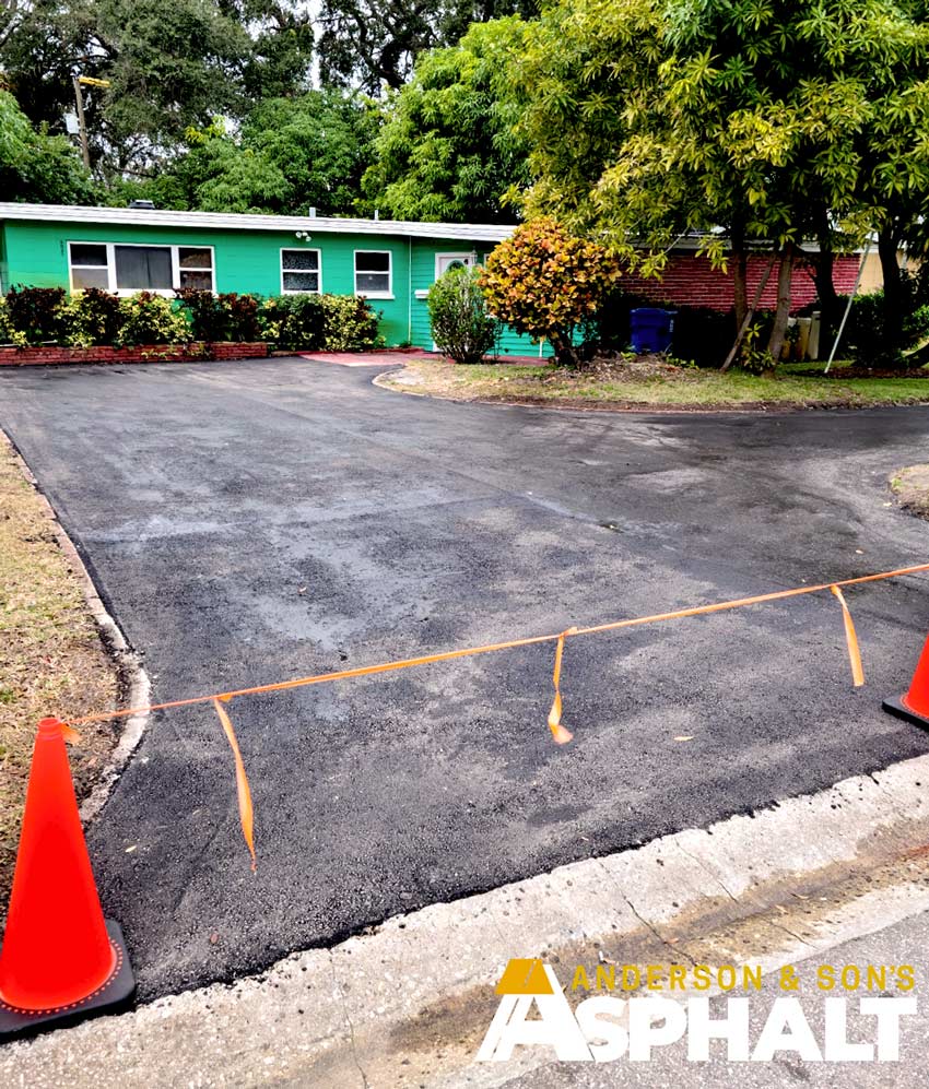 Coned-off asphalt driveway in Pinellas County