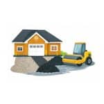 Illustration featuring a home and pavement roller with fresh asphalt