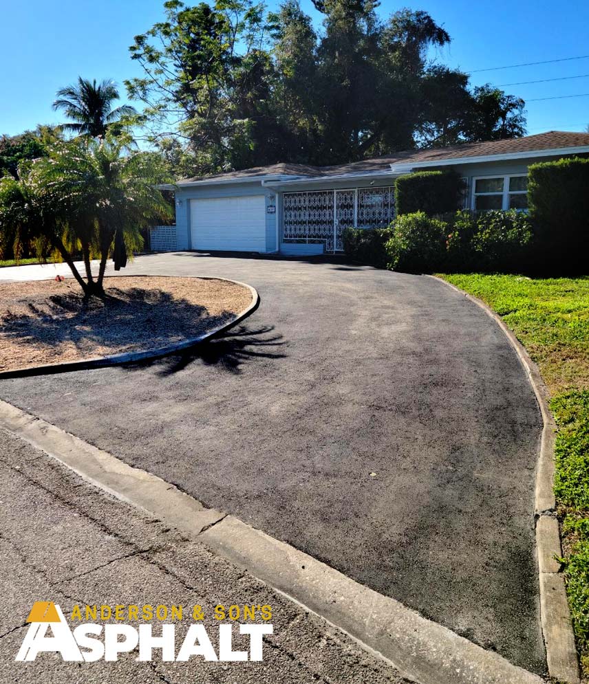 Round-about driveway with new asphalt