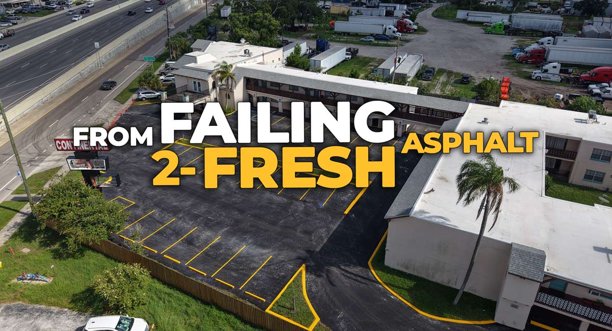 Before and after asphalt resurfacing transformation of Clearwater parking lot