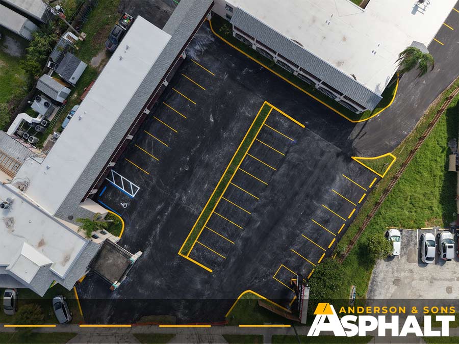 Overhead aerial view of newly paved and striped asphalt parking lot in Clearwater