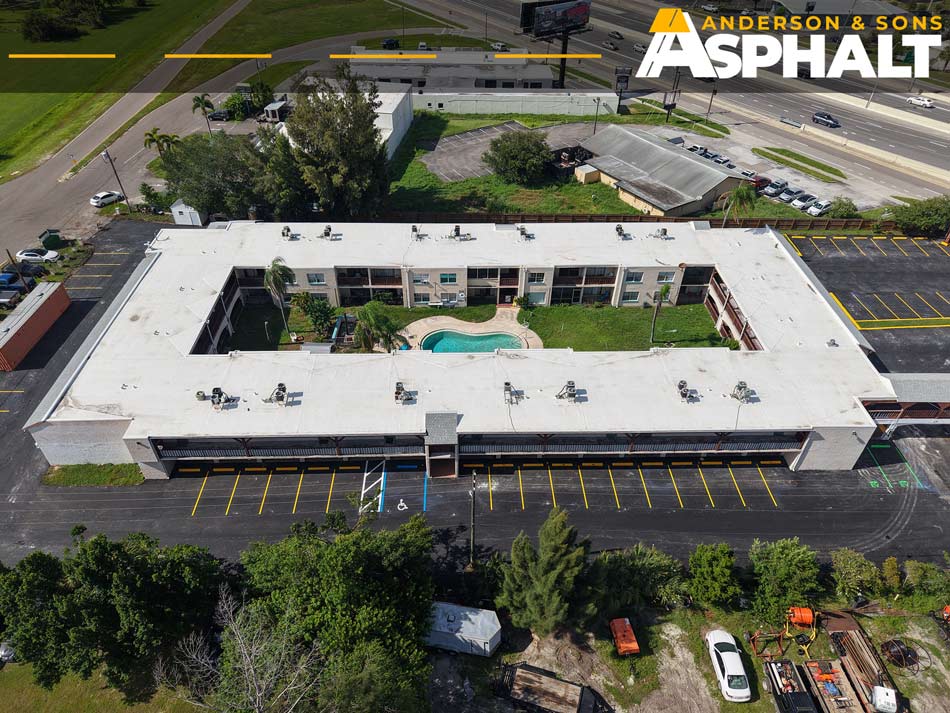 Drone view of newly resurfaced 45,000 square foot parking lot in Clearwater FL