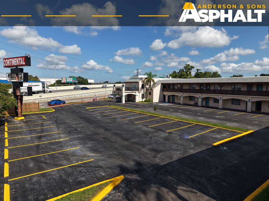 Aerial view of completed asphalt parking lot resurfacing and new striping in Clearwater