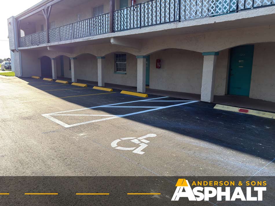 Newly resurfaced and striped asphalt parking lot at PERC Center in Clearwater