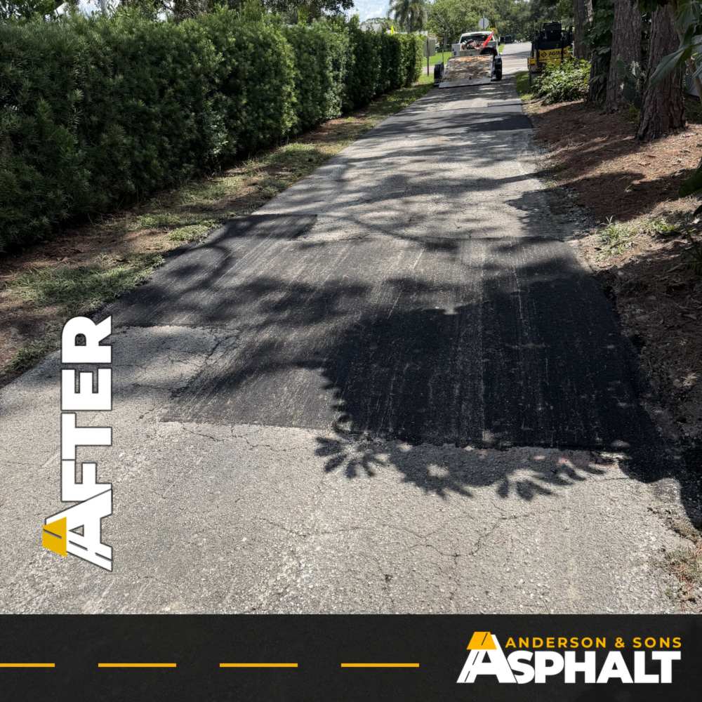 Fresh asphalt repair in a hedge-lined condo drive lane