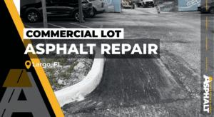 New asphalt repair beside a curbed island in a Largo commercial parking lot
