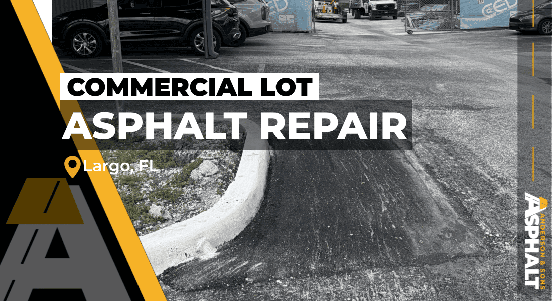New asphalt repair beside a curbed island in a Largo commercial parking lot