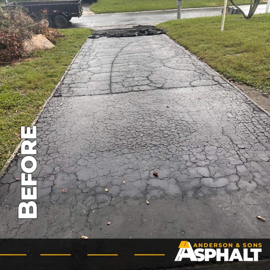 Cracked asphalt driveway with alligator cracking across the surface, Seminole FL