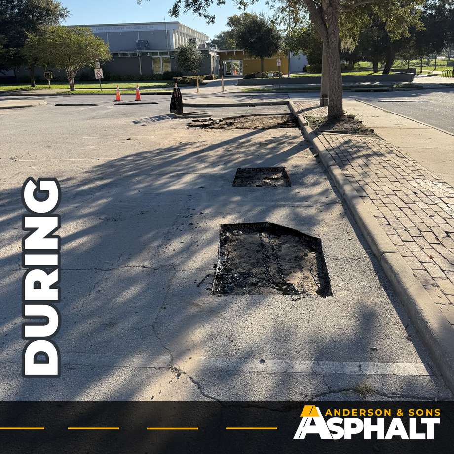 Failed asphalt cut out in square sections along a brick-paved tree island in a park parking lot