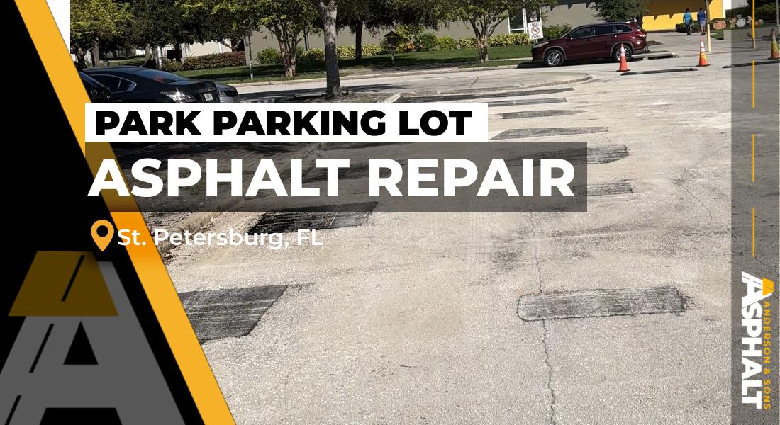 New asphalt patches across the Lake Vista Park parking lot in St. Petersburg, FL