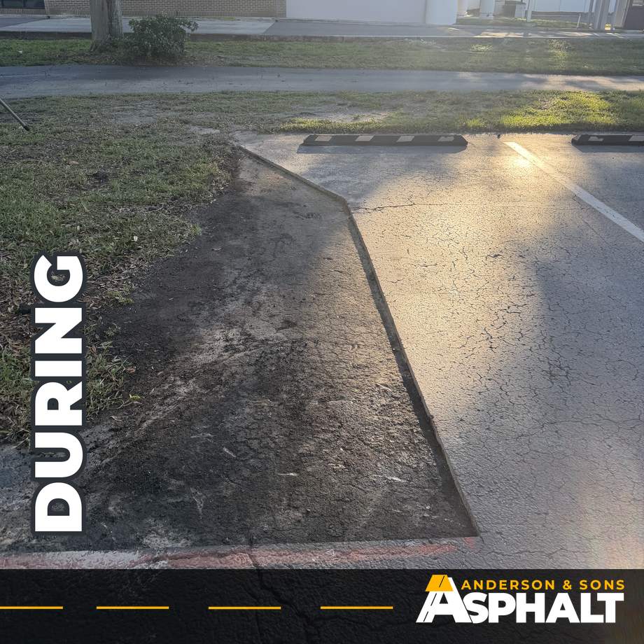 Failed asphalt removed down to the base along the edge of a landscaped island beside parking stalls