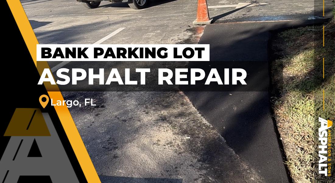 New asphalt repair along a landscaped island at a bank parking lot in Largo, FL