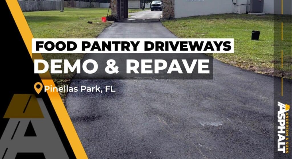 Newly repaved asphalt driveway at a food pantry in Pinellas Park, FL