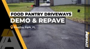 Newly repaved asphalt driveway at a food pantry in Pinellas Park, FL